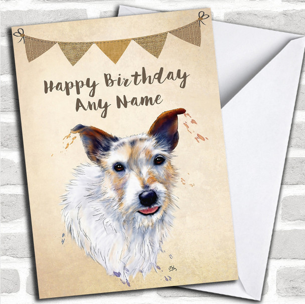 Vintage Burlap Bunting Jack Russel Dog Personalized Birthday Card