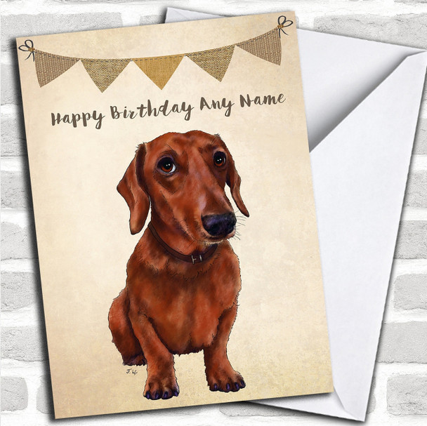 Vintage Burlap Bunting Dog Dachshund Personalized Birthday Card