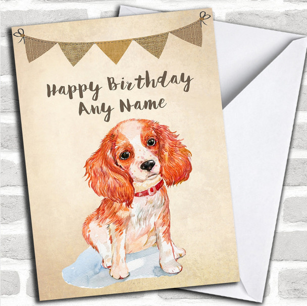 Vintage Burlap Bunting Spaniel Dag Personalized Birthday Card