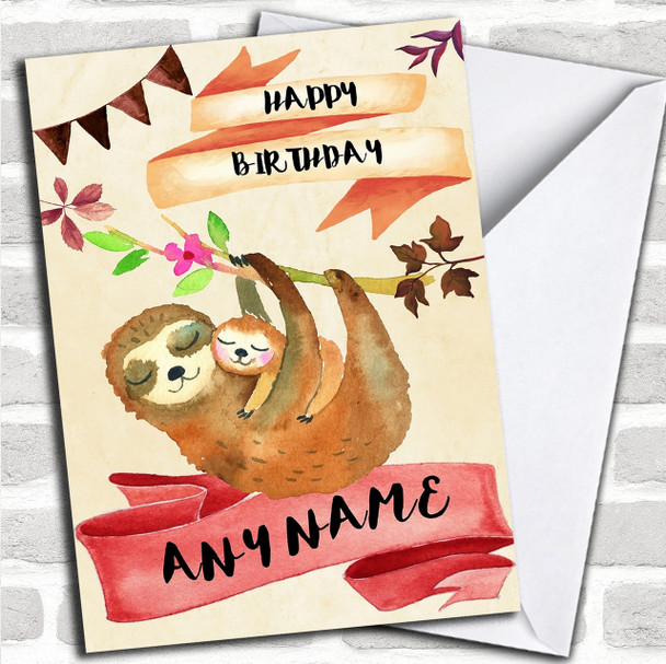 Watercolour Rustic Sloth & Baby Personalized Birthday Card