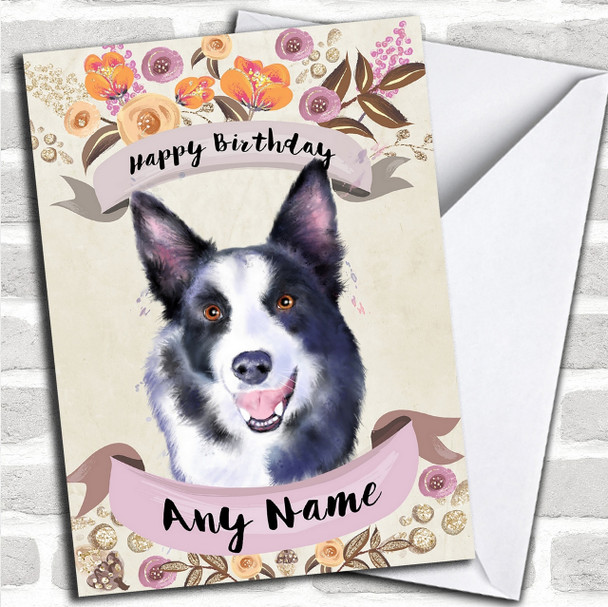 Rustic Gold Dog Border Collie Personalized Birthday Card