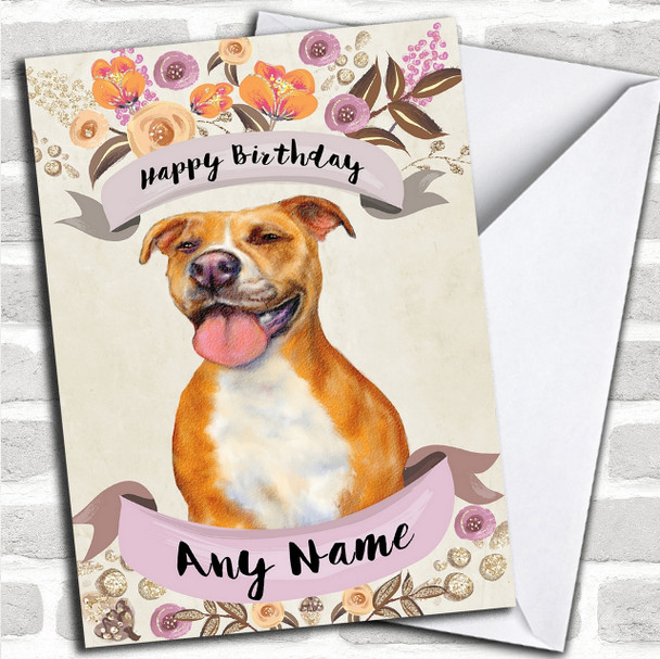 Rustic Gold Dog Pitbull Personalized Birthday Card