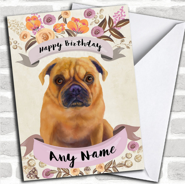 Rustic Gold Dog Pug Personalized Birthday Card