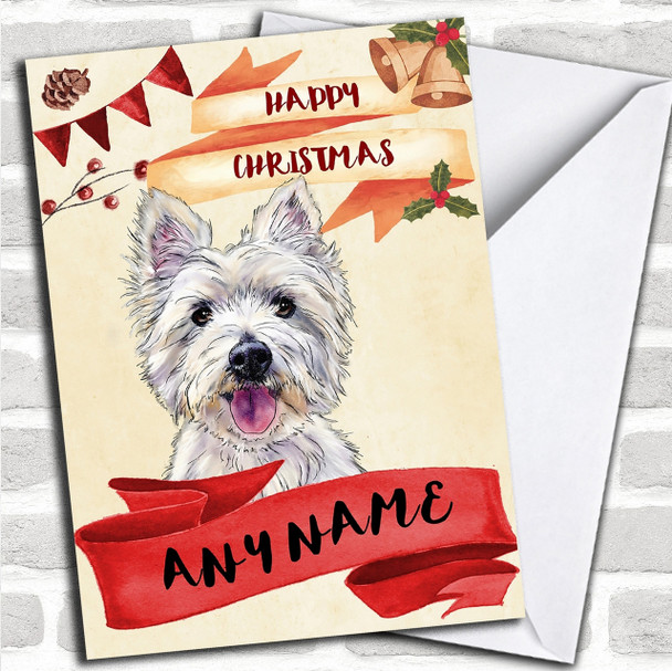 Watercolour Rustic Westie West Highland Terrier Dog Personalized Christmas Card