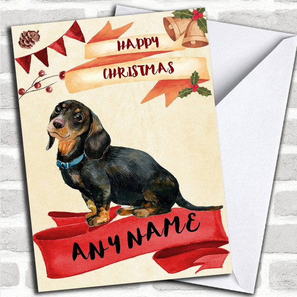 Watercolour Rustic Watercolour Dachshund Dog Personalized Christmas Card