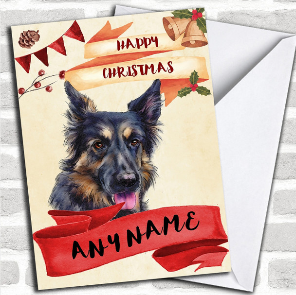 Watercolour Rustic Dog German Shepherd Personalized Christmas Card
