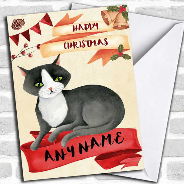 Watercolour Rustic Black & White Cat Personalized Christmas Card