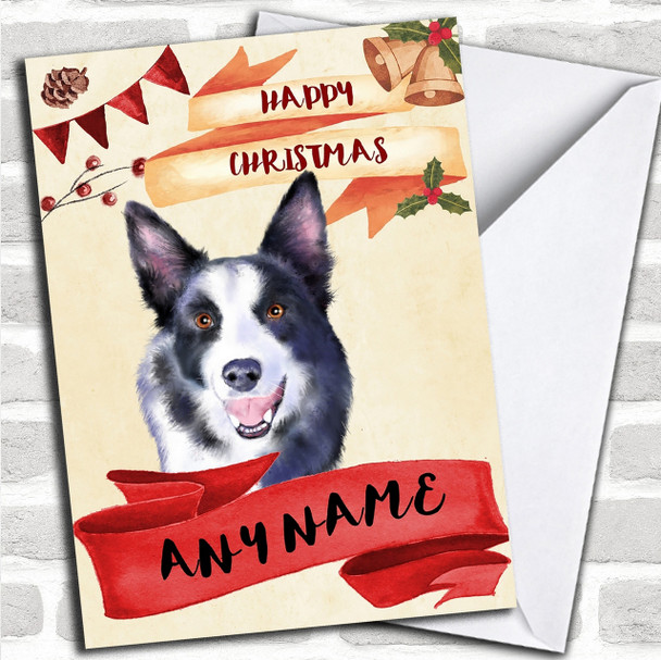 Watercolour Rustic Dog Border Collie Personalized Christmas Card