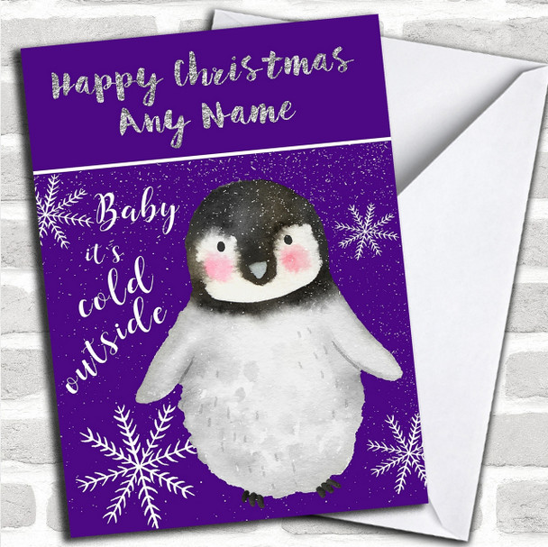 Cold Outside Snow Purple Penguin Personalized Christmas Card