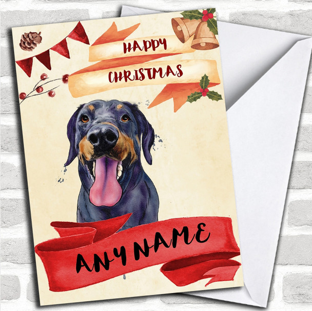 Watercolour Rustic Dog Doberman Personalized Christmas Card