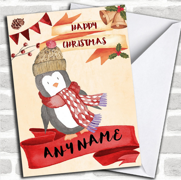 Watercolour Rustic Penguin Personalized Christmas Card