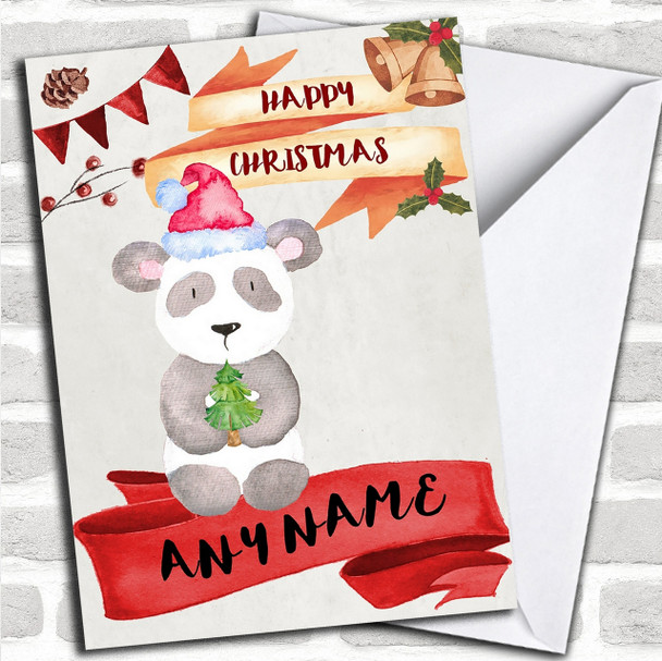 Watercolour Rustic Panda Personalized Christmas Card