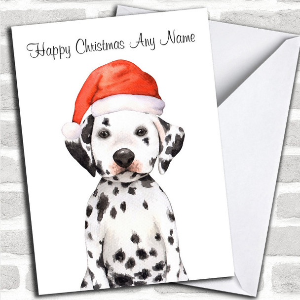 Cute Watercolour Dalmatian Dog Santa Hat Personalized Childrens Christmas Card