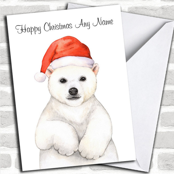 Cute Watercolour Polar Bear Santa Hat Personalized Childrens Christmas Card