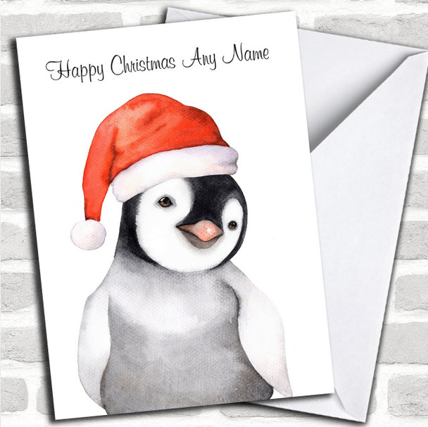 Cute Watercolour Penguin Santa Hat Personalized Childrens Christmas Card