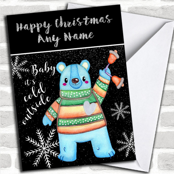 Cold Outside Snow Black Blue Bear Personalized Childrens Christmas Card