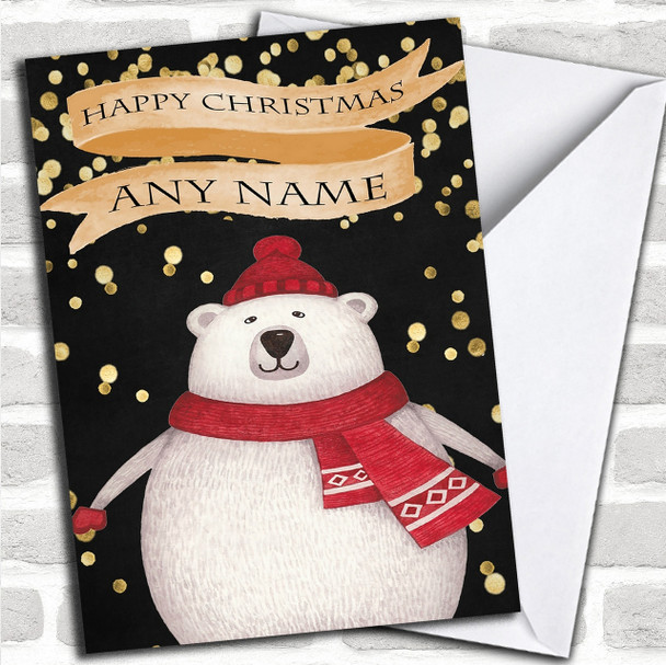 Golden Confetti Polar Bear Personalized Childrens Christmas Card