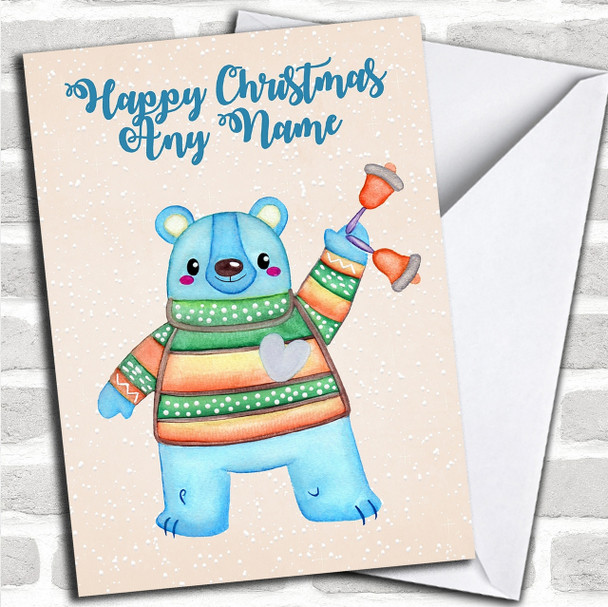 Snowy Cute Bear With Bells Personalized Childrens Christmas Card