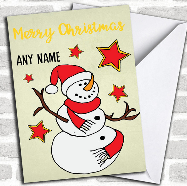 Snowman Red Yellow Stars Personalized Childrens Christmas Card