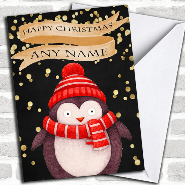 Golden Confetti Penguin Personalized Childrens Christmas Card