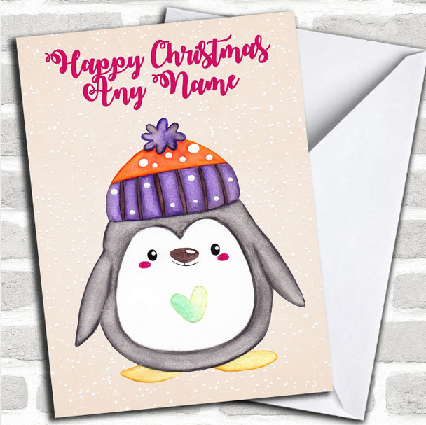 Snowy Cute Warm Penguin Personalized Childrens Christmas Card