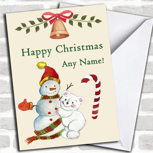 White Bear Snowman Bell Personalized Childrens Christmas Card
