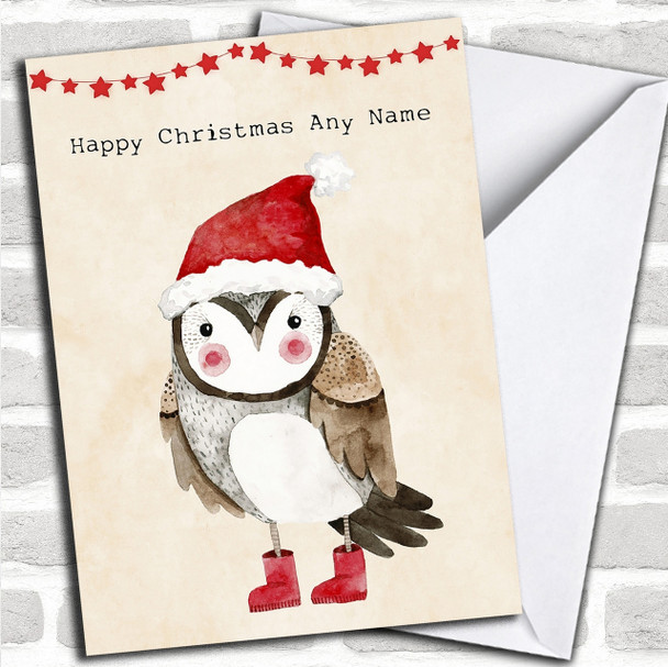 Cute Watercolour Owl Personalized Childrens Christmas Card