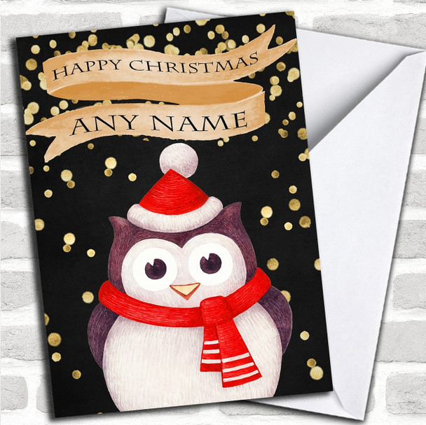 Golden Confetti Owl Personalized Childrens Christmas Card