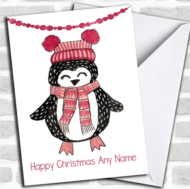 Doodle White Penguin Hat & Scarf Personalized Cute Christmas Card