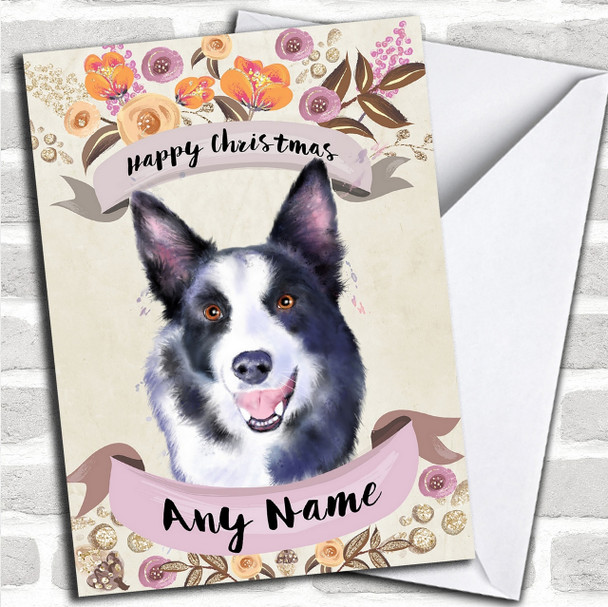 Rustic Gold Dog Border Collie Personalized Cute Christmas Card