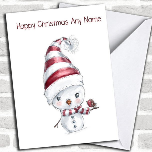 Doodle White Snowman & Robin Personalized Cute Christmas Card