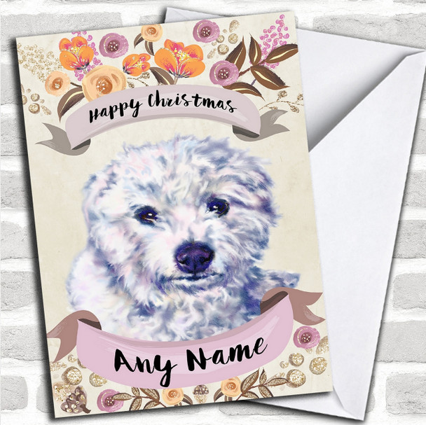 Rustic Gold Dog Bichon Frise Personalized Cute Christmas Card