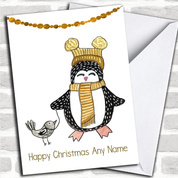 Doodle White Penguin & Bird Personalized Cute Christmas Card