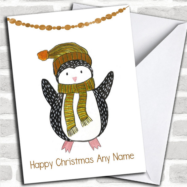 Doodle White Penguin Hat Personalized Cute Christmas Card