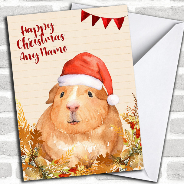 Gold Foliage Guinea Pig Personalized Cute Christmas Card