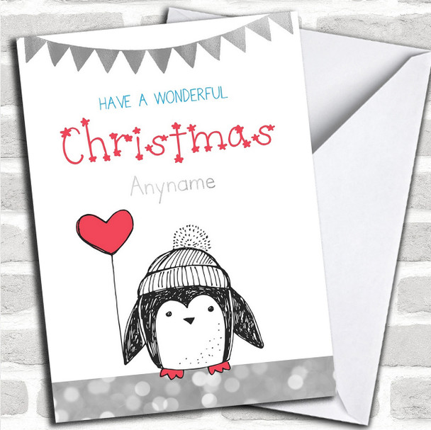 Silver Glitter Penguin Personalized Cute Christmas Card