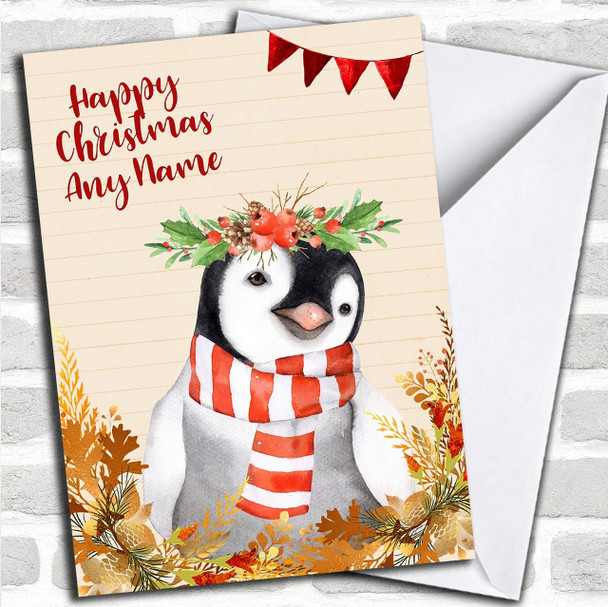 Gold Foliage Penguin Personalized Cute Christmas Card