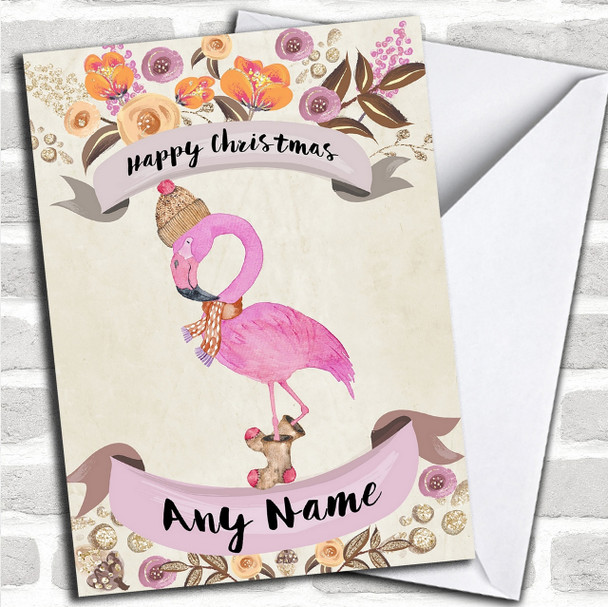 Rustic Gold Flamingo Personalized Cute Christmas Card