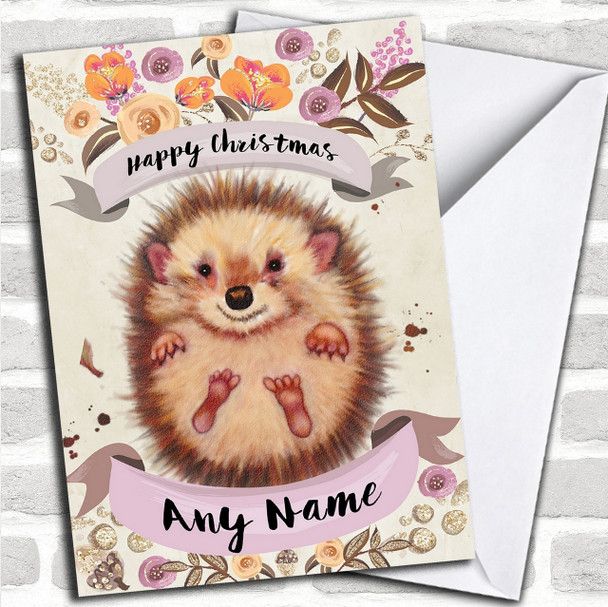 Rustic Gold Hedgehog Personalized Cute Christmas Card