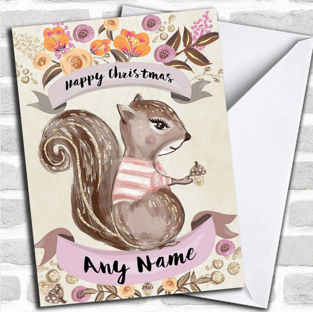 Rustic Gold Squirrel Personalized Cute Christmas Card