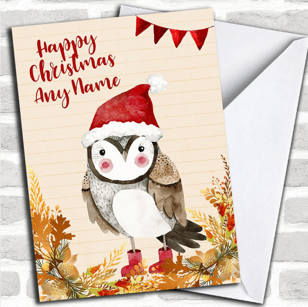 Gold Foliage Owl Personalized Cute Christmas Card