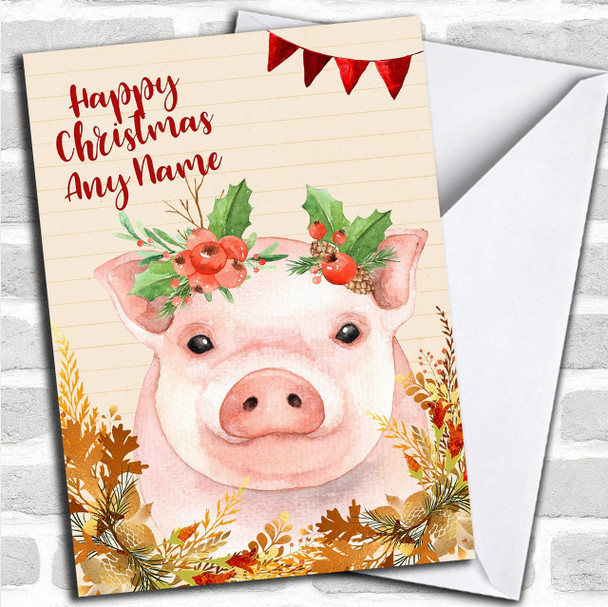 Gold Foliage Pig Personalized Cute Christmas Card