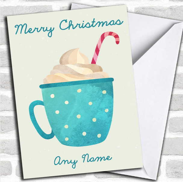 Watercolour Hot Chocolate Candy Cane Personalized Christmas Card