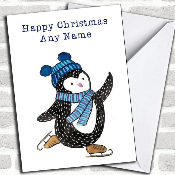 Blue Ice Skating Penguin Personalized Christmas Card