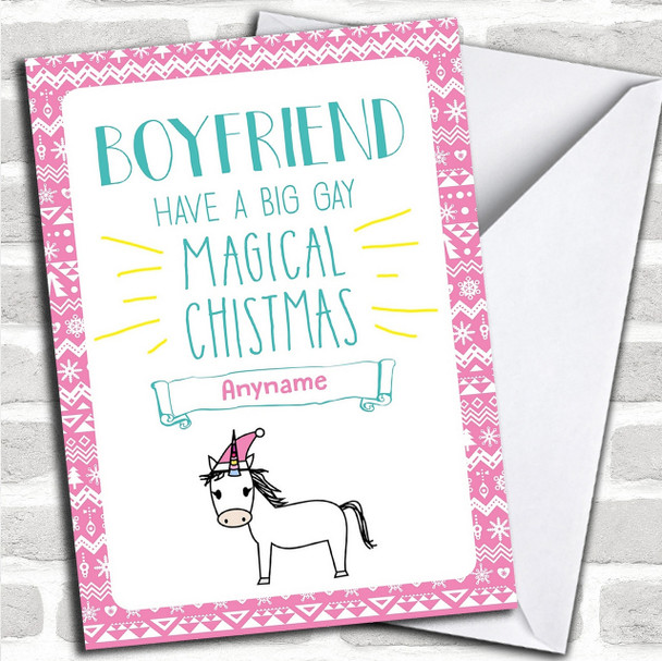 Boyfriend Funny Gay Unicorn Personalized Christmas Card
