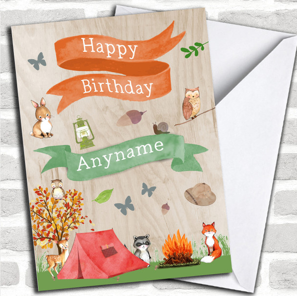 Cute Woodland Animals Tent And Camp Fire Children's Birthday Personalized Card