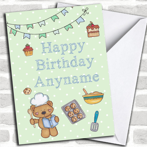 Cute Cooking Teddy Bear Green And Blue Children's Birthday Personalized Card