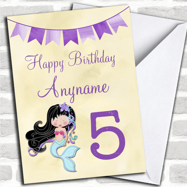 Girls Purple Age Mermaid Black Hair Children's Birthday Personalized Card