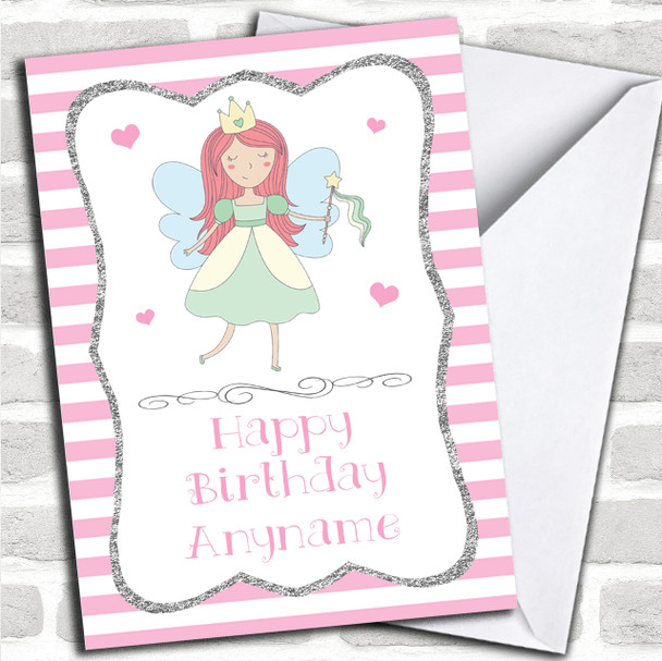 Pink Stripes Silver Girls Fairy Children's Birthday Personalized Card