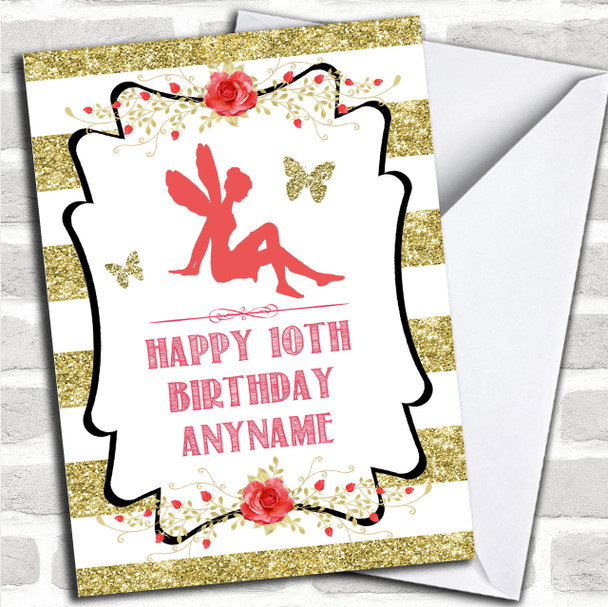 Gold Stripes Pink Girls Fairy Children's Birthday Personalized Card
